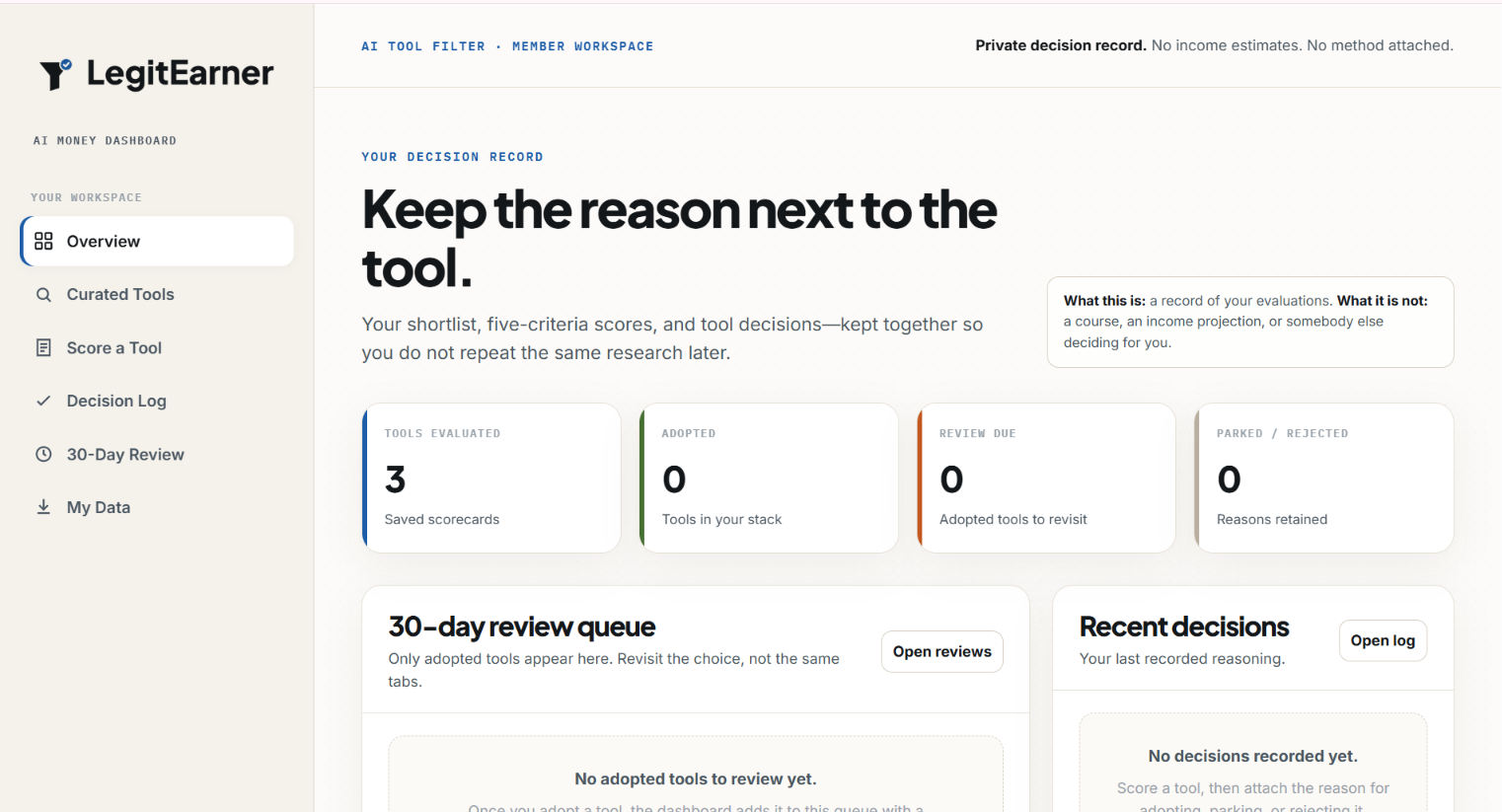 LegitEarner AI Money Dashboard showing the overview workspace, tool evaluation metrics, review queue, and recent decisions